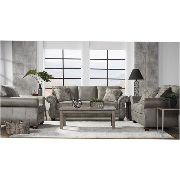 JERFIT Modern Gray Faux Leather Sofa and Loveseat Set with Nailhead Trim and Pillows for Living Room