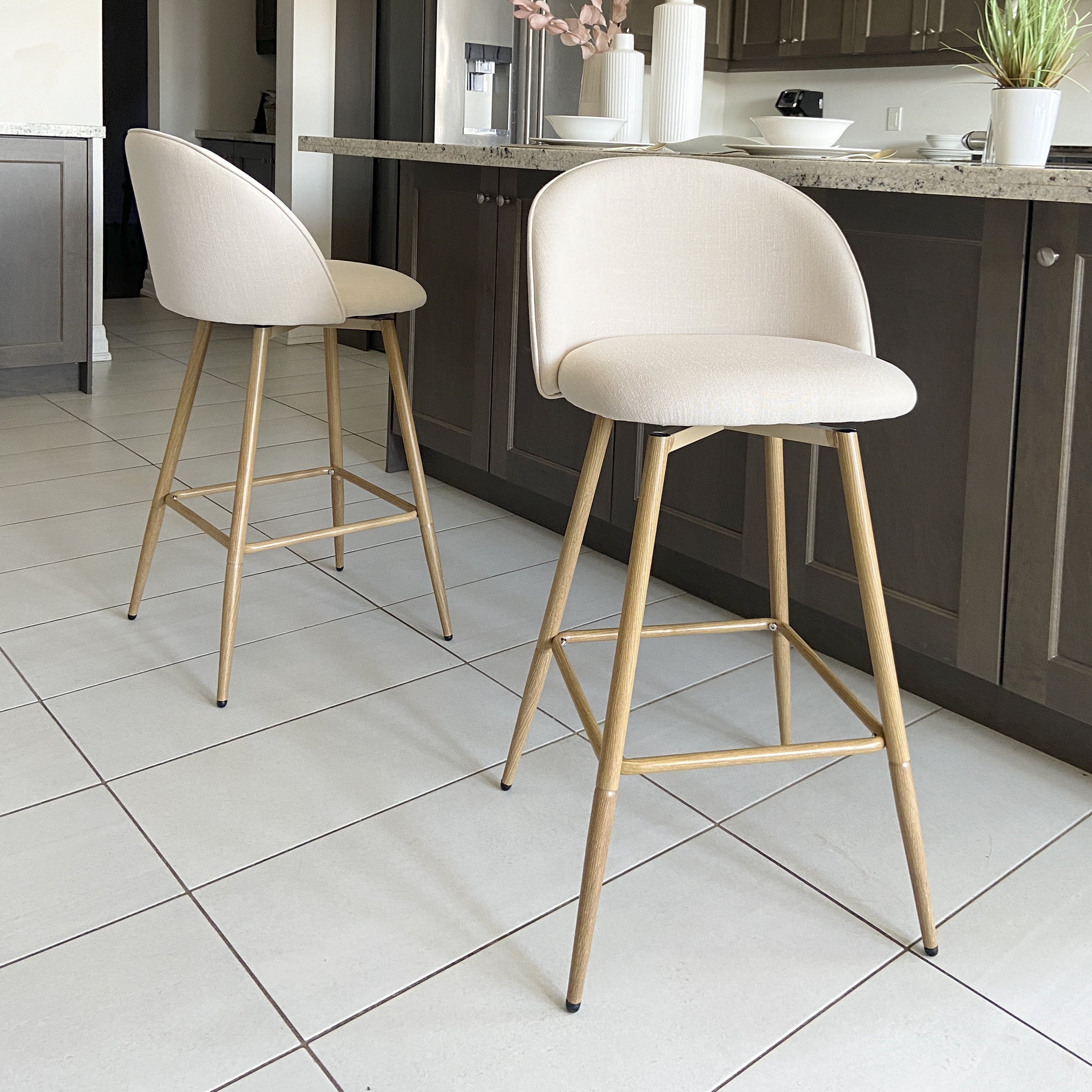 Homy Casa Set of 2 Contemporary Bar Stools, 26 in. Seat Height with Fabric Upholstery and Faux Wooden Legs