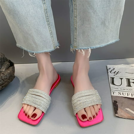 

Fashion Summer Women Slippers Rhinestone Strap Flat Open Toe Solid Color Casual Womens House Shoes Slippers Indoor Summer House Slippers for Women Ultra Slippers for Women Cat Slippers for Women