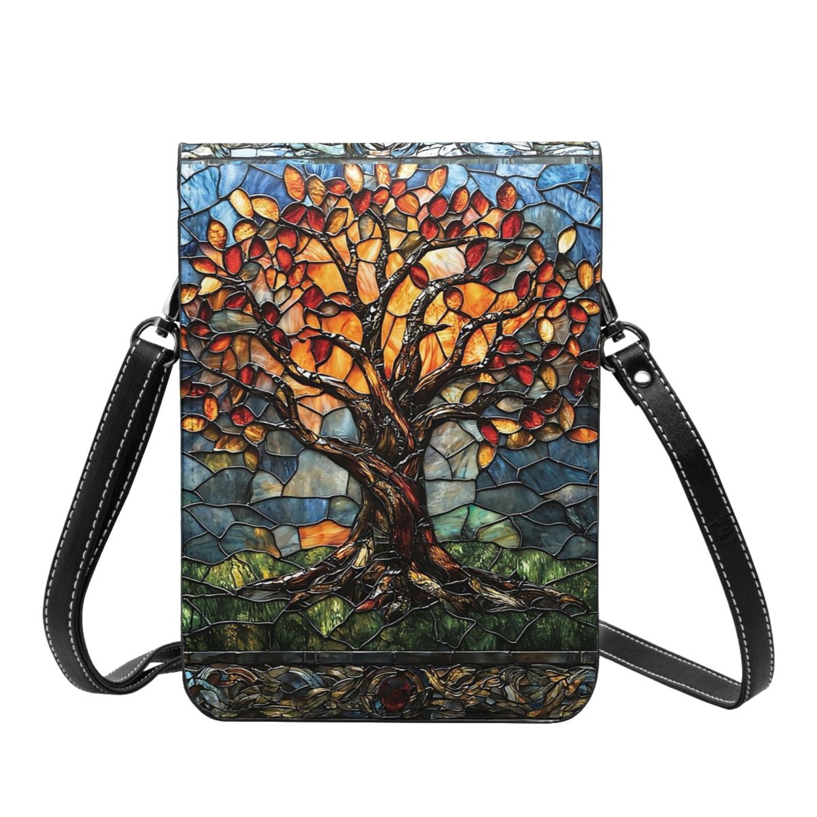 Trees Stained Glass Art Cell Phone Purse Small Crossbody Bag with Strap Credit Card Slots Leather Shoulder Wallet for Women