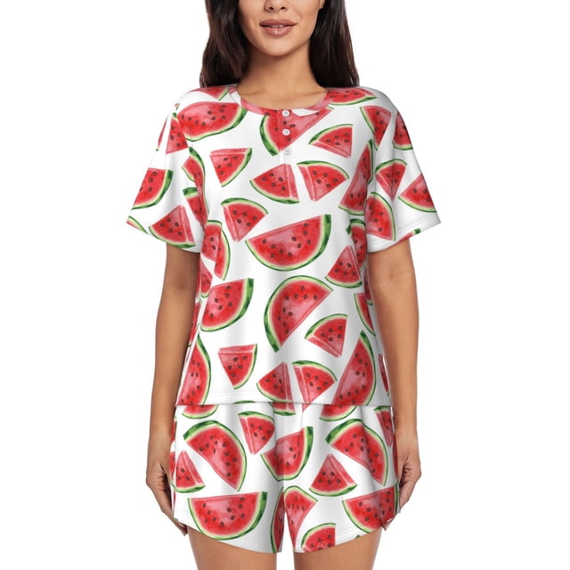 Balery Hand Drawn Watermelon Conjunto de Pijama para Mujer con Estampado, Dos Piezas de Manga Corta y Shorts, Ropa de Dormir Suave con Cuello Redondo y Bolsillos-Large