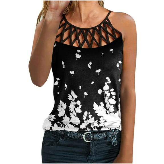 Women Tops Dressy Casual, Women's Summer Halter Spaghetti Strap Tank Tops Cami Shirts Floral Printed Hollow Out T-shirts Casual Loose