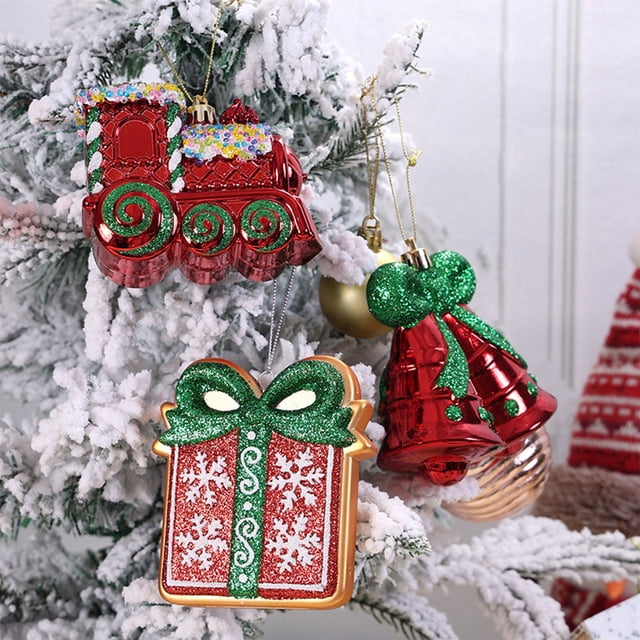 Adorno Navideño Colgante con Forma de Tren Rojo y Campanas. Caja de Regalo con Adornos para Árbol de Navidad. | Adornos Navideños de Plástico Multicolor | 9 X 7,5 X 4,5 Cm | 65 G | Decoración Festiva