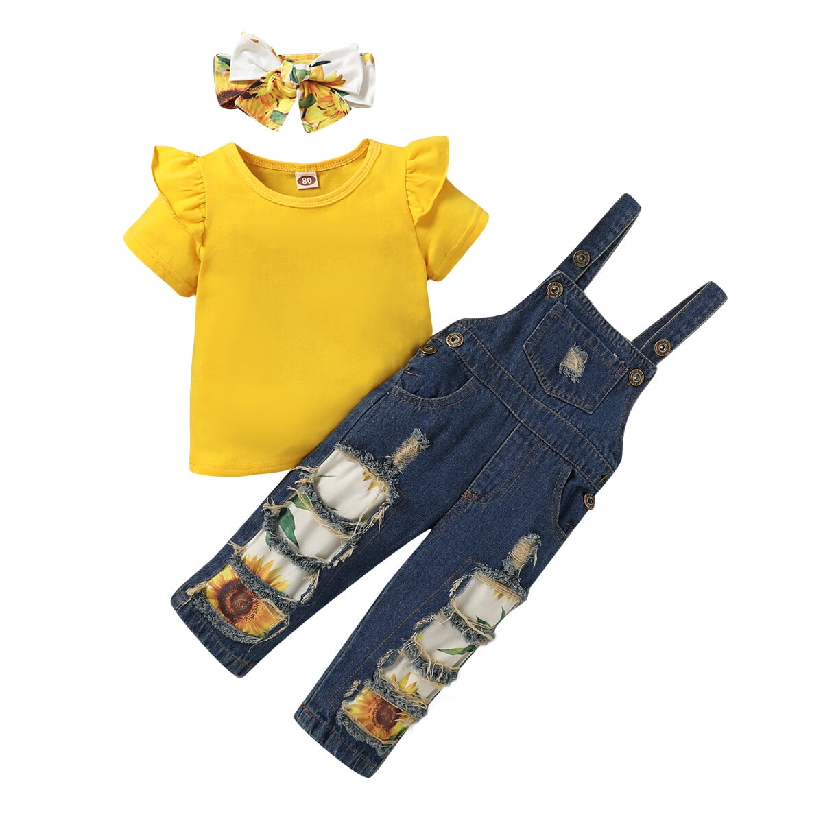 3T Baby Girl Clothes Baby Girl Outfits Ruffle Short Sleeve Shirt Overalls Jeans Pants Headband 3PCS Clothing Set 2-3T Baby Girl Clothes