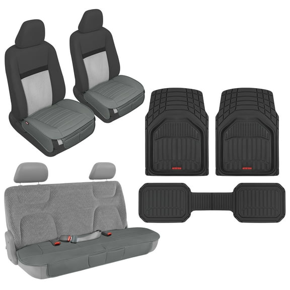 Motor Trend Seat Covers Floor Mats for Cars Trucks SUV, Faux Leather Black Padded Car Seat Covers, Heavty Duty Deep Dish Rubber Floor Mats for Car/SUV - Combo Pack (Gray)
