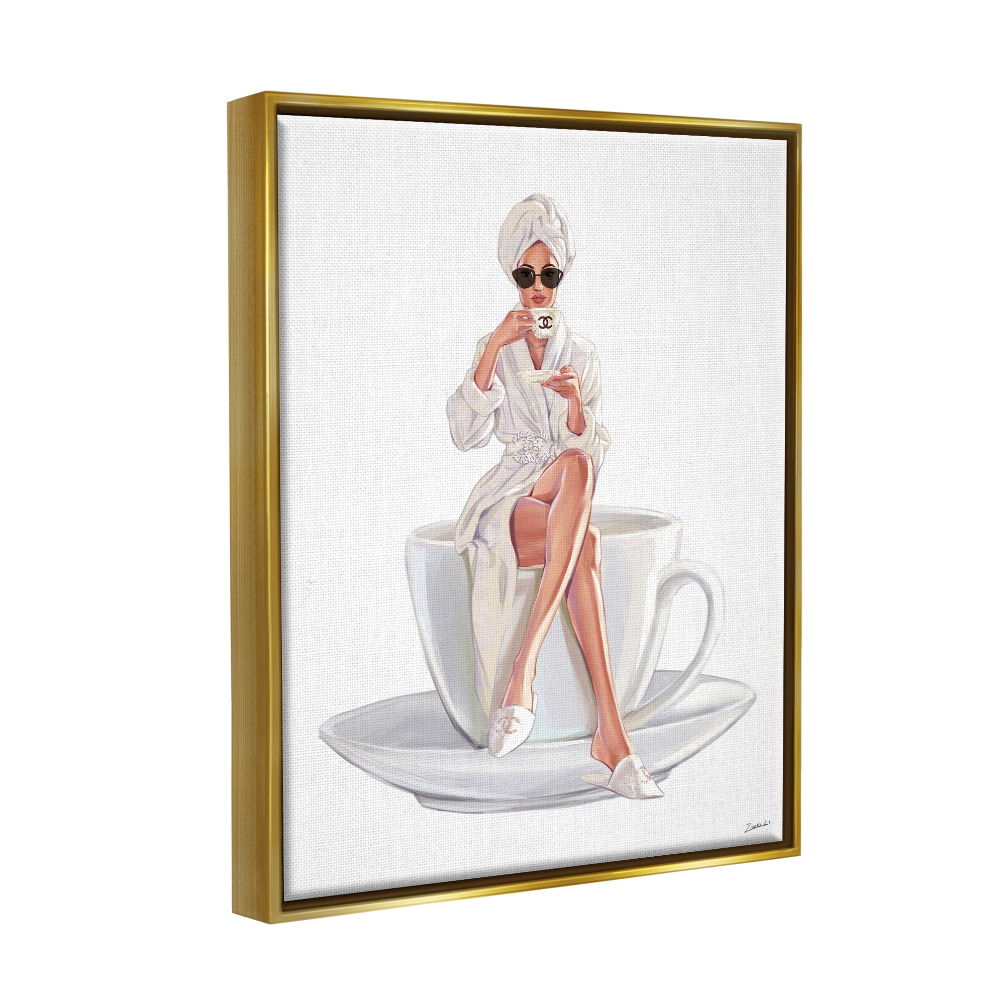 Stupell Industries Chic Woman Robe Coffee Cup Designer Logo Sunglasses Metallic Gold Framed Floating Canvas Wall Art, 24x30, by Ziwei Li