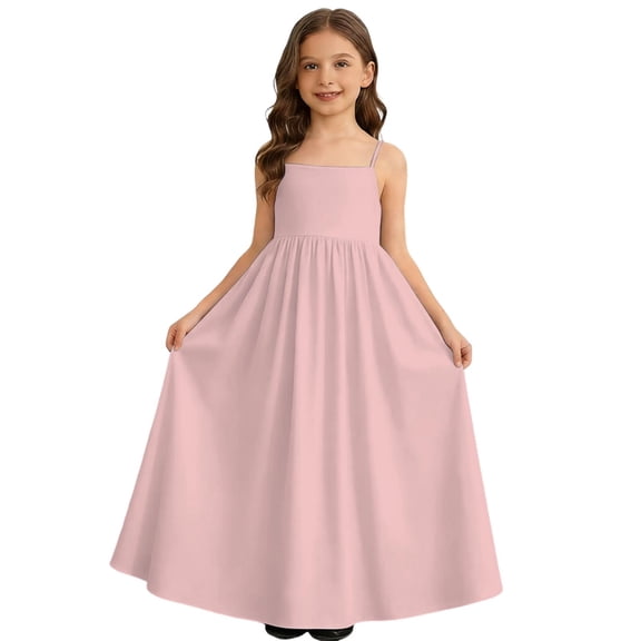 TBWNWG Girls Casual Spaghetti Strap Backless Sun Dress Flowy Beach Dress For Kids,Sizes 11-12 Years
