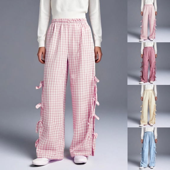 Einccm Girls Wide Leg Pants High Waisted Loose Fit Flowy Trousers with Side Tie Bow and Elastic Waist, Solid Color Casual Long Slacks for Kids Vacation and Daily Wear, Ages 5-14 Years