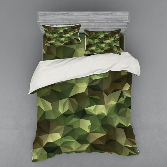Ambesonne Geometric Bedding Set 4 Pcs, Angular Polygon Design, Queen, Olive Green Green Brown