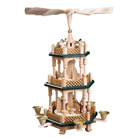 17" Green, Gold, and White 3-Tier Wise Men, Shepherds, and Angels Contemporary Pyramid
