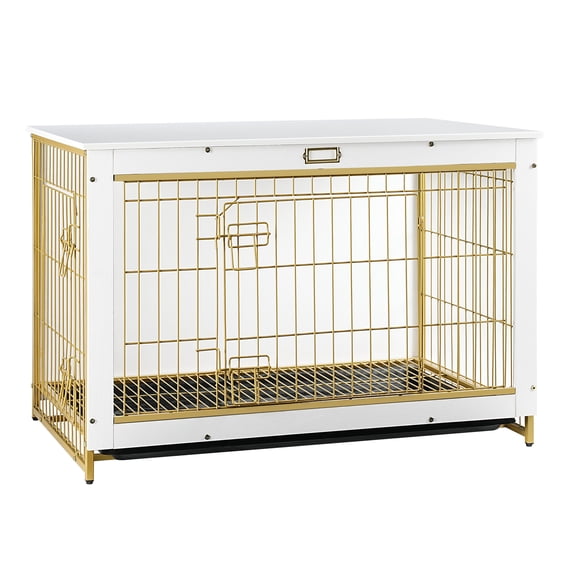 Dog Crate Furniture, 38.6" Large Dog Kennel Indoor, Wooden Cage with Pull-Out Tray, Double Doors Pet House Side End Table for Large/Medium/Small Dogs, White DW982GW03