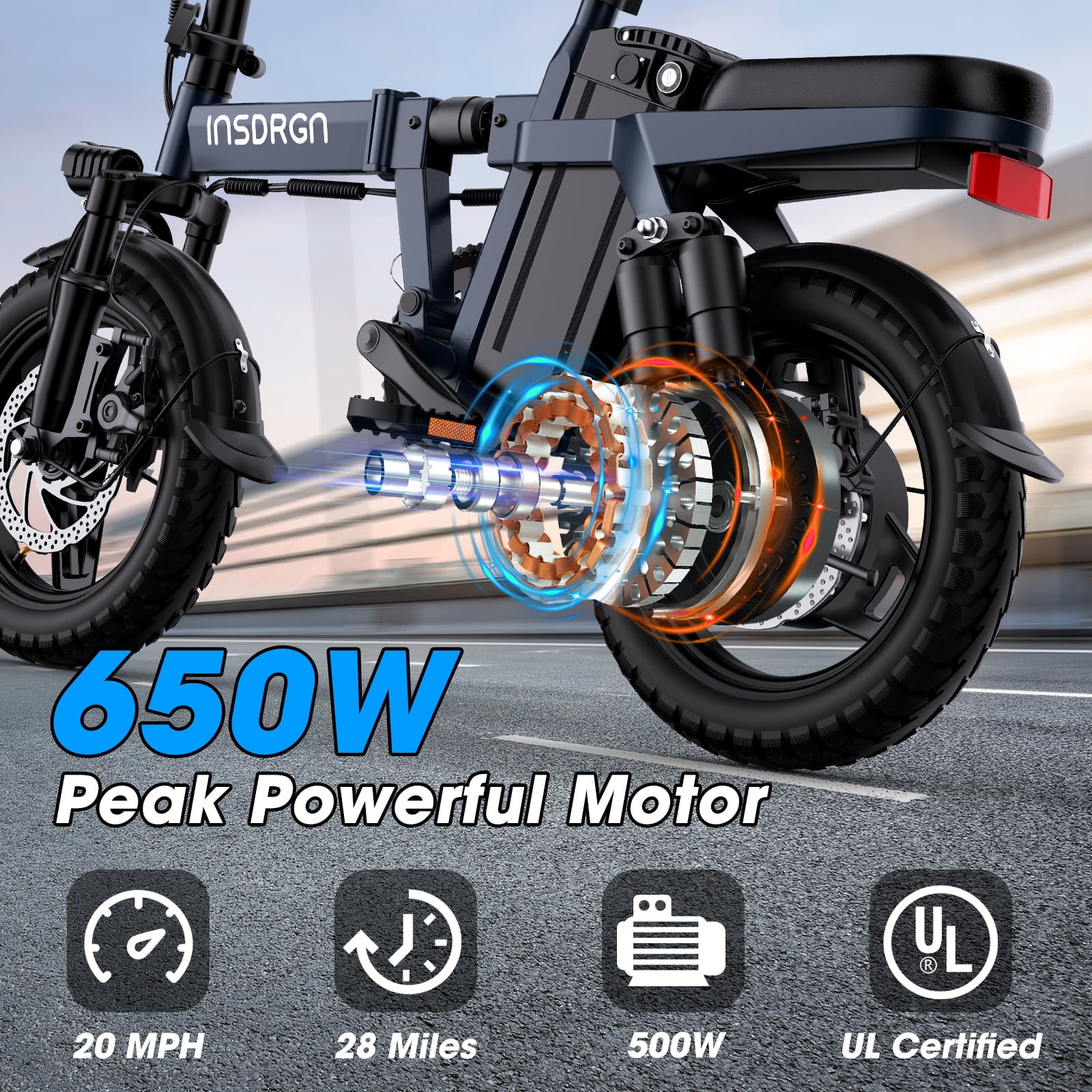 INSDRGN Electric Folding Bike for Teenager and Adults, 10.4AH 48V Battery 14" Electric Bike 500W Motor, 28 Miles Range, Mini Ebike for City Commuter, UL2849