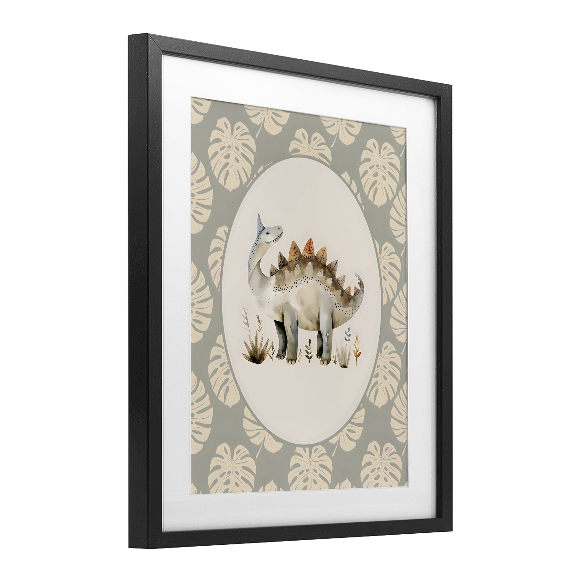 Stupell Industries Watercolor Dinosaur Monstera Border Black Framed Print Under Glass, design by LSR Design Studio