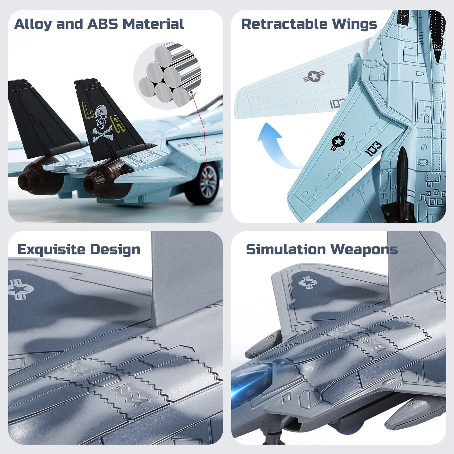 Metal Fighter Jet Toy, F14 & F22 Diecast Planes with Lights & Sounds, Pull Back Military Airplane Toy, Birthday Gift for Toddler,Kids, Boys