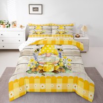 Homewish Kawaii Rustic Gnome Bedding Comforter Set for Kids, Cartoon Bee Honey Twin Comforter Sets, Yellow Plaid Buffalo Reversible Bedding Set, Microfiber Bedroom Decor, 2pcs