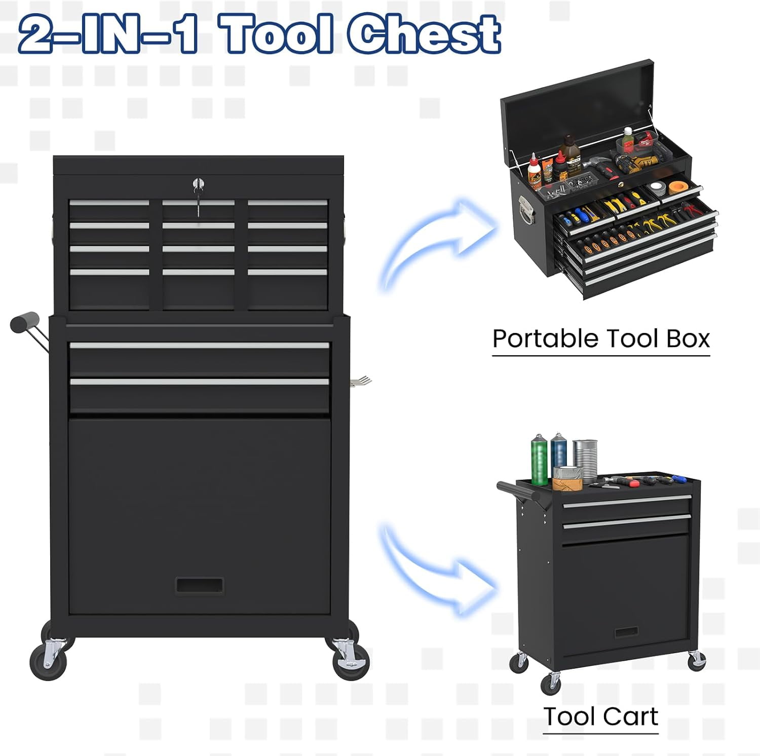 Rolling Tool Box with Wheels, 8-Drawer High Capacity Tool Chest with Wheels, Removable Storage Toolbox with Lock for Garage, Workshop (Black)