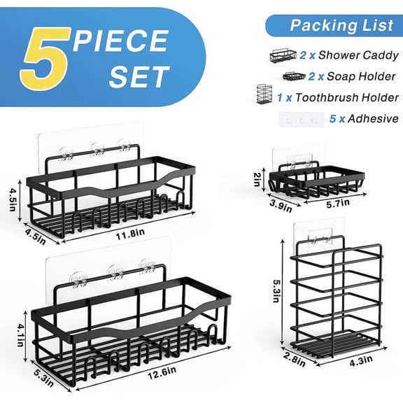 Adhesive Shower Caddy 5-Pack, No Drilling Bathroom Organizer Wall Mount Shelves with 6 Hooks, Rustproof Storage Rack for Shower Kitchen, Black