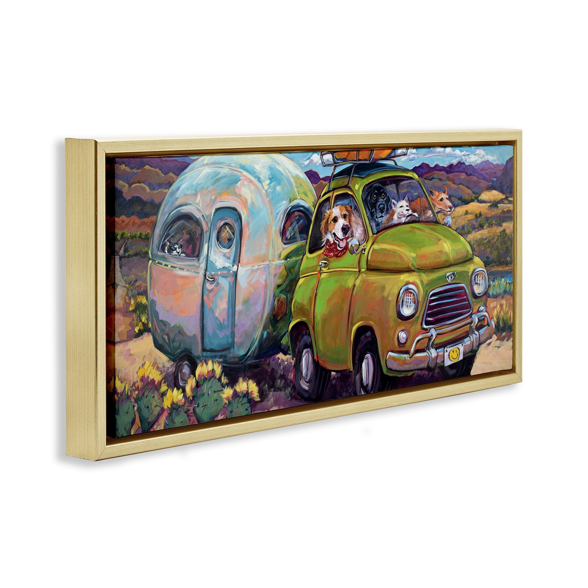 Stupell Industries Dogs Driving Camper Van Animals & Insects Painting Gold Floater Framed Canvas Art Print Wall Art, 25 x 11