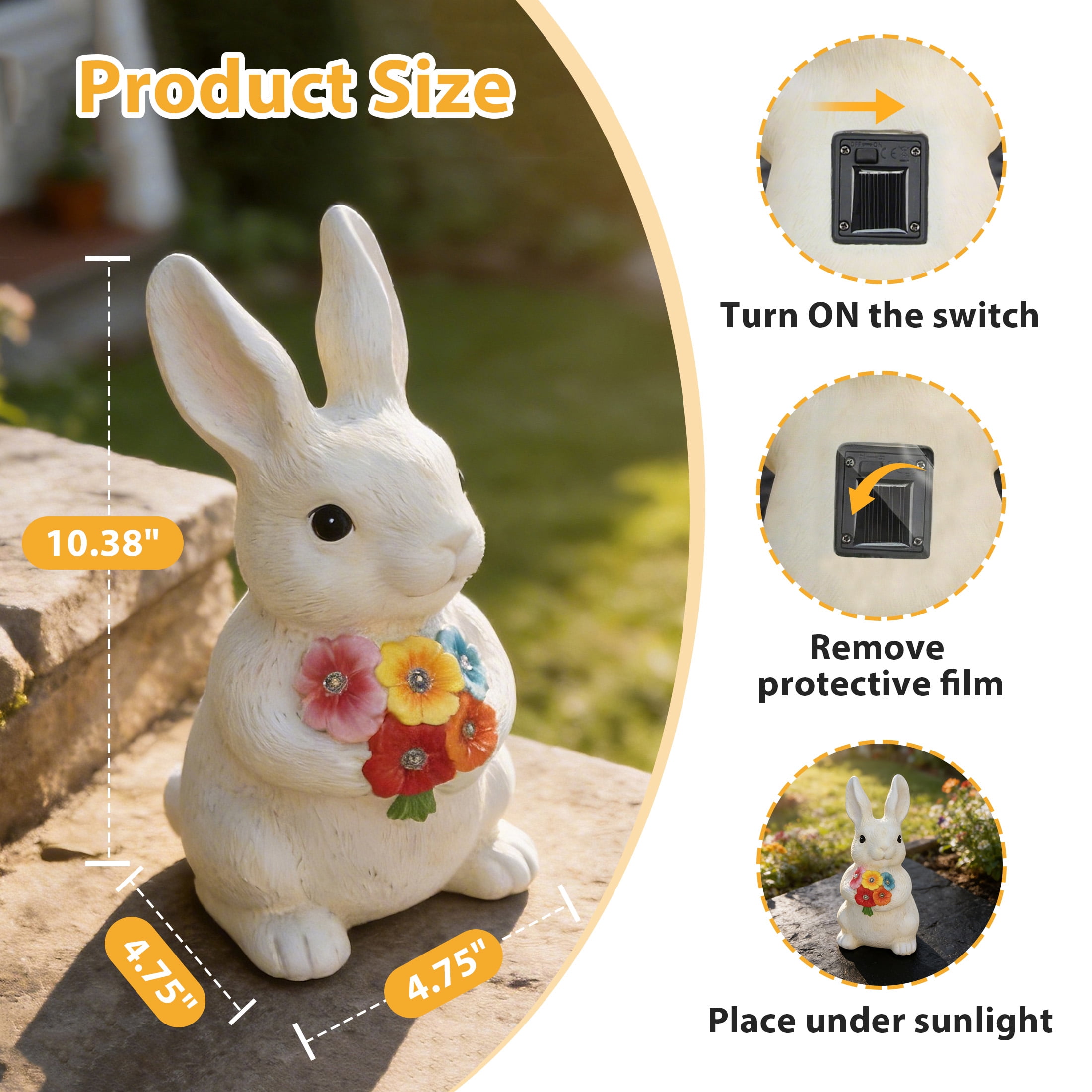 The Growing Ground Solar Bunny Garden Statue with LED Light, Outdoor Resin Rabbit Lawn Decor for Garden, Patio, Pathway, 10.4"H, Cream