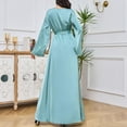 thumbnail image 5 of Women's Elegant Satin Rhinestone Printed Maxi Dress Long Sleeve Crew Neck Long Dress with Belt Fashion Casual Dresses, 5 of 6