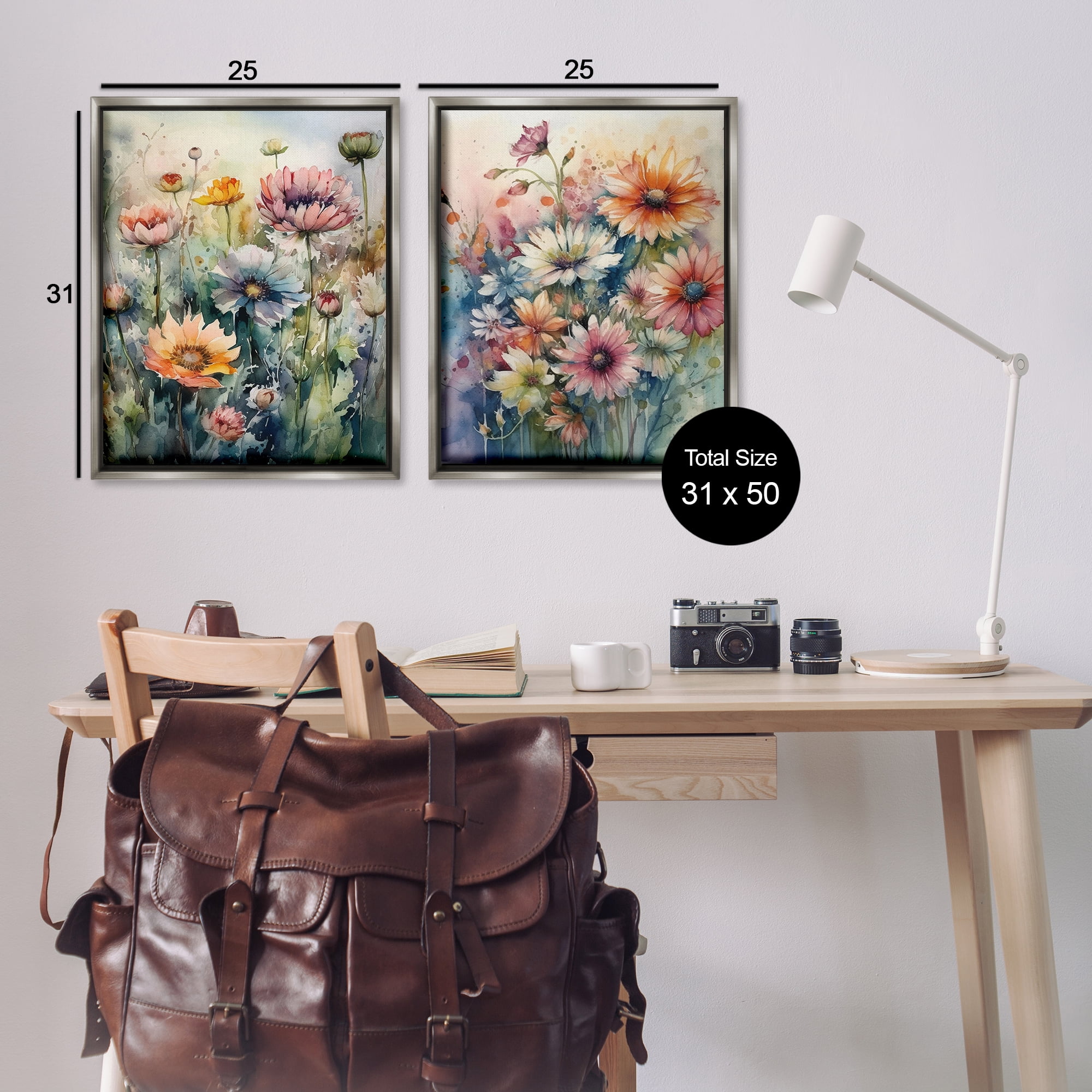 Stupell Industries Watercolor Daisy Field Flowers Plants & Flowers Painting Gray Floater Framed Canvas Art Print Wall Art, 31 x 25, Set of 2