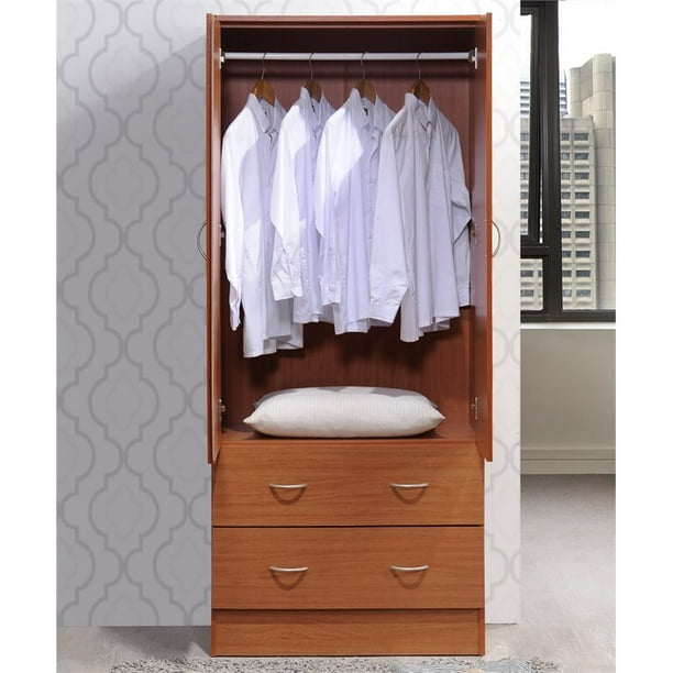 Hodedah 2-Door Armoire with 2-Drawers and Clothing Rod plus Mirror in Beige  Wood, 1 - City Market