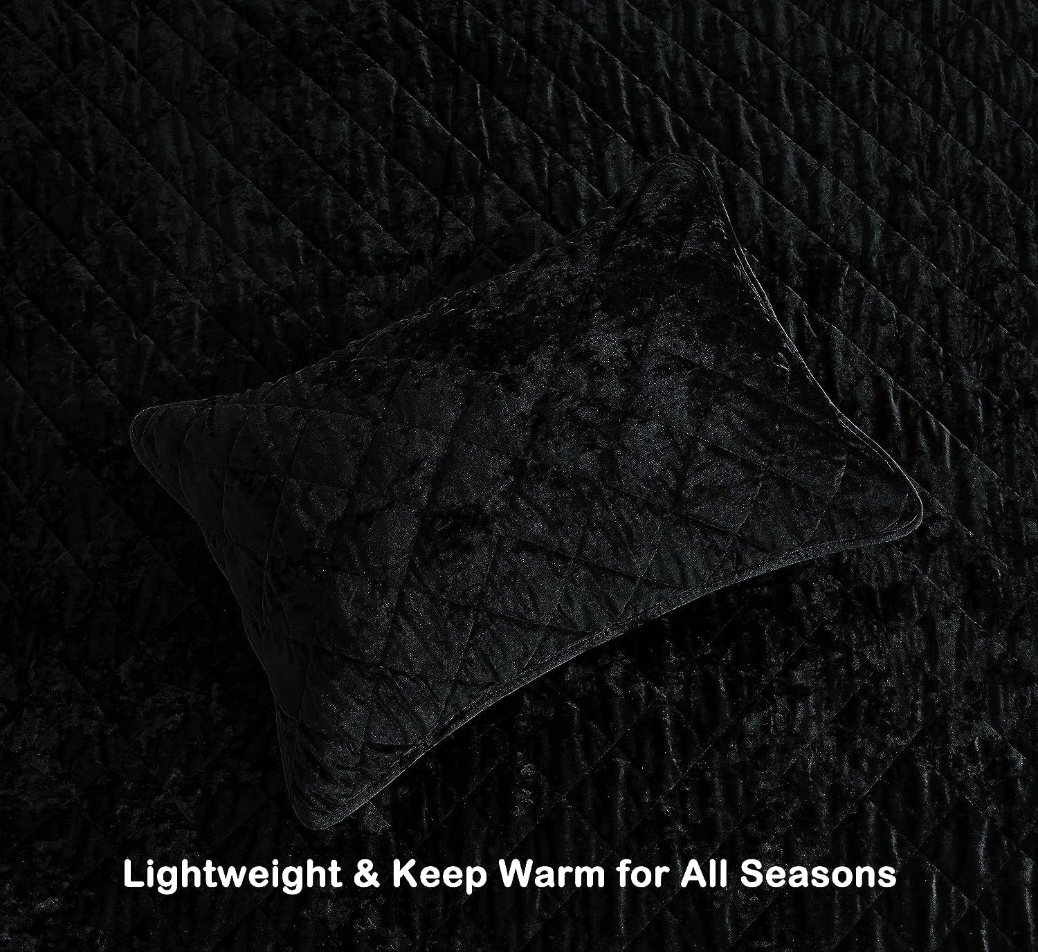 Chezmoi Collection Lux Black Velvet Quilt Queen Set, 3-Piece Lush Plush Distressed Velvet Bedding All Season Lightweight Bedspread Brushed Microfiber Reverse with Diamond Stitch Quilting