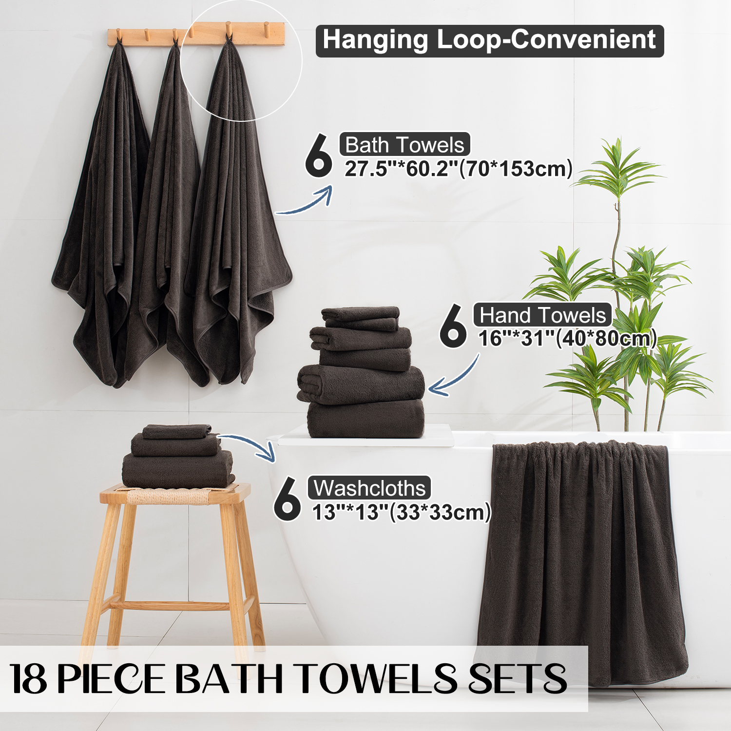 Kebury 18 Piece Family Bath Towels Set - 6 Bath Sheets, 6 Hand Towels & 6 Washcloths - Microfiber Shower Towels with Hanging Loop Absorbent Ultra Soft Towels for Bathroom Spa Gym- Dark Brown