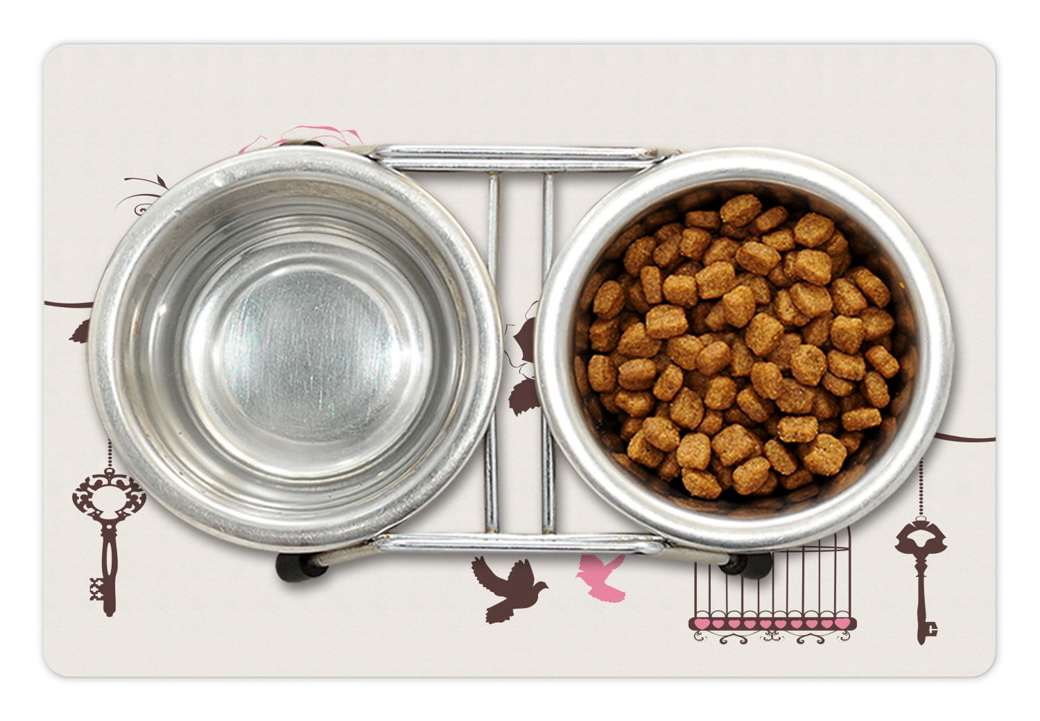 Vintage Pet Mat for Food and Water, Bird Cages and Keys Hanging from