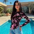 thumbnail image 4 of Xoenoiee Cherry Blossom Print Womens Long Sleeve Shirts Crew Neck Tops Tight Slim Fit Trendy Teen Girls Elastic Fall Winter Y2k Clothes, L, 4 of 7