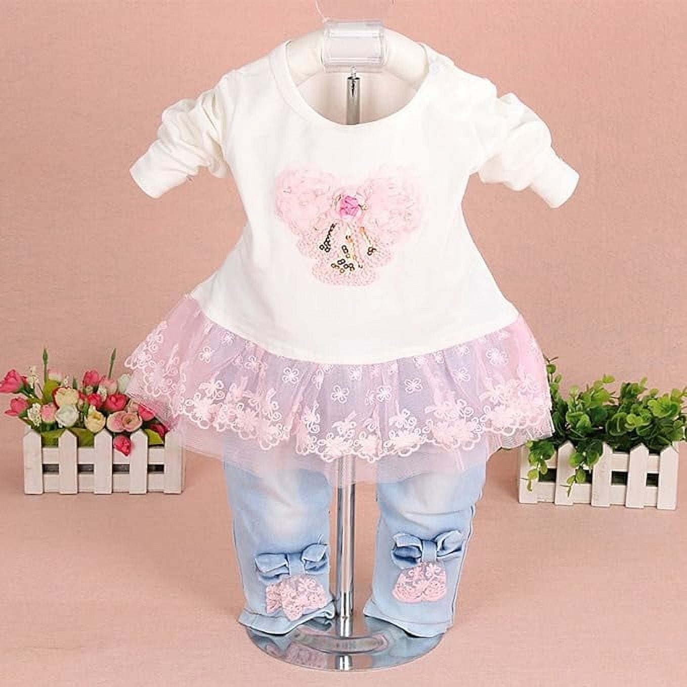 Peacolate Baby Girls 3-Piece Denim Clothing Set - T-Shirt, Denim Jacket, and Jeans, Pink, 1-2 Years