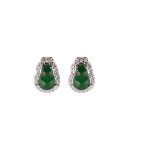 Gourd-Shaped Green Jade Halo Zirconia Stud Earrings Classic Elegant Hypoallergenic Jewelry Lucky Charm Perfect Gifts for Women
