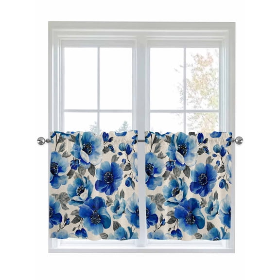 Blue Flowers 2 Panel Kitchen Curtains for Small Windows, Spring Watercolor Floral Leaves Plants Beige Bathroom Tier Curtain, Short Window Treatment for Bedroom/Living Room 55"x36"