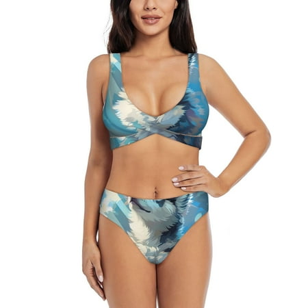 Zeuib Cloud Sunshine Puppy High Waisted Tummy Control Bikini Set - Knot Front Push Up Top & Cheeky Thong Bottom  Two-Piece Swimsuit for Women-XX-Large