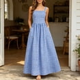 thumbnail image 4 of Women's Summer Spaghetti Strap Maxi Dresses Plaid Square Neck A Line Casual Beach Vacation Long Sundress Blue XL(XL), 4 of 8