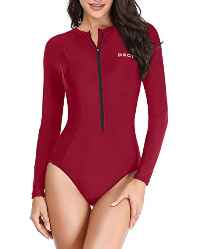 Daci Women 2 Piece Plus Size Long Sleeve Rash Guard Zip Front Athletic Bottom Tankini Swimsuits UPF 50 