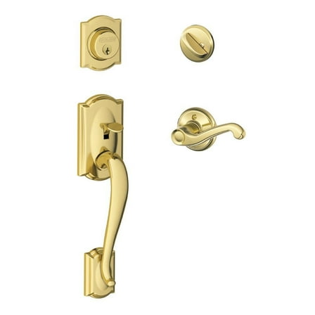 SCHLAGE Camelot Single Cylinder Handleset and Left Hand Flair Lever, Bright Brass F60 CAM 505 FLA 605 LH