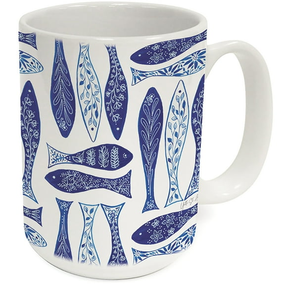 Highland Home "Indigo Fish" 15 oz. Decorative Ceramic Mug