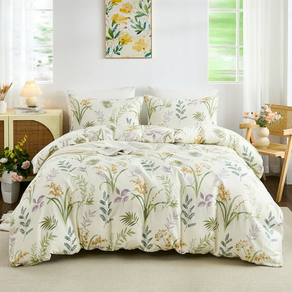 100% Nature Cotton Duvet Cover Vintage Reversible Floral Garden Style Comforter Cover with Zipper Closure, 3 Pieces Soft & Breathable Green Bedding Set