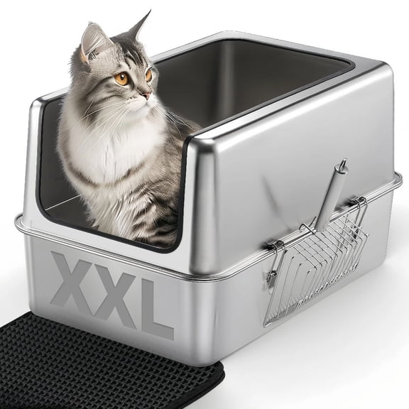 Stainless Steel Cat Litter Box, with Double-Layer Litter Mat & Non-Slip Mat, Odor-Free & Easy to Clean, 23.6" x 15.7" x 13.8"