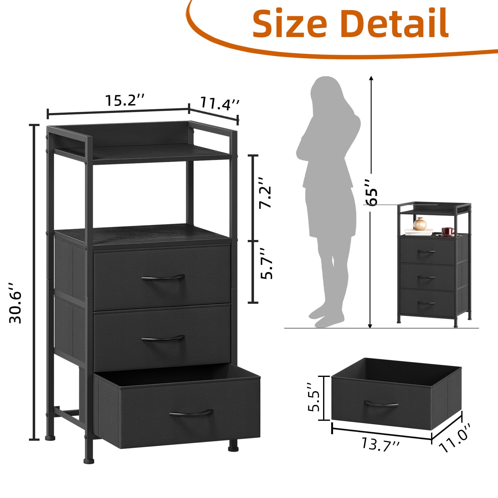 Eunos Black Tall Nightstand, 3 Vertical Fabric Drawer Dresser for Bedroom, Living Room, Hallway
