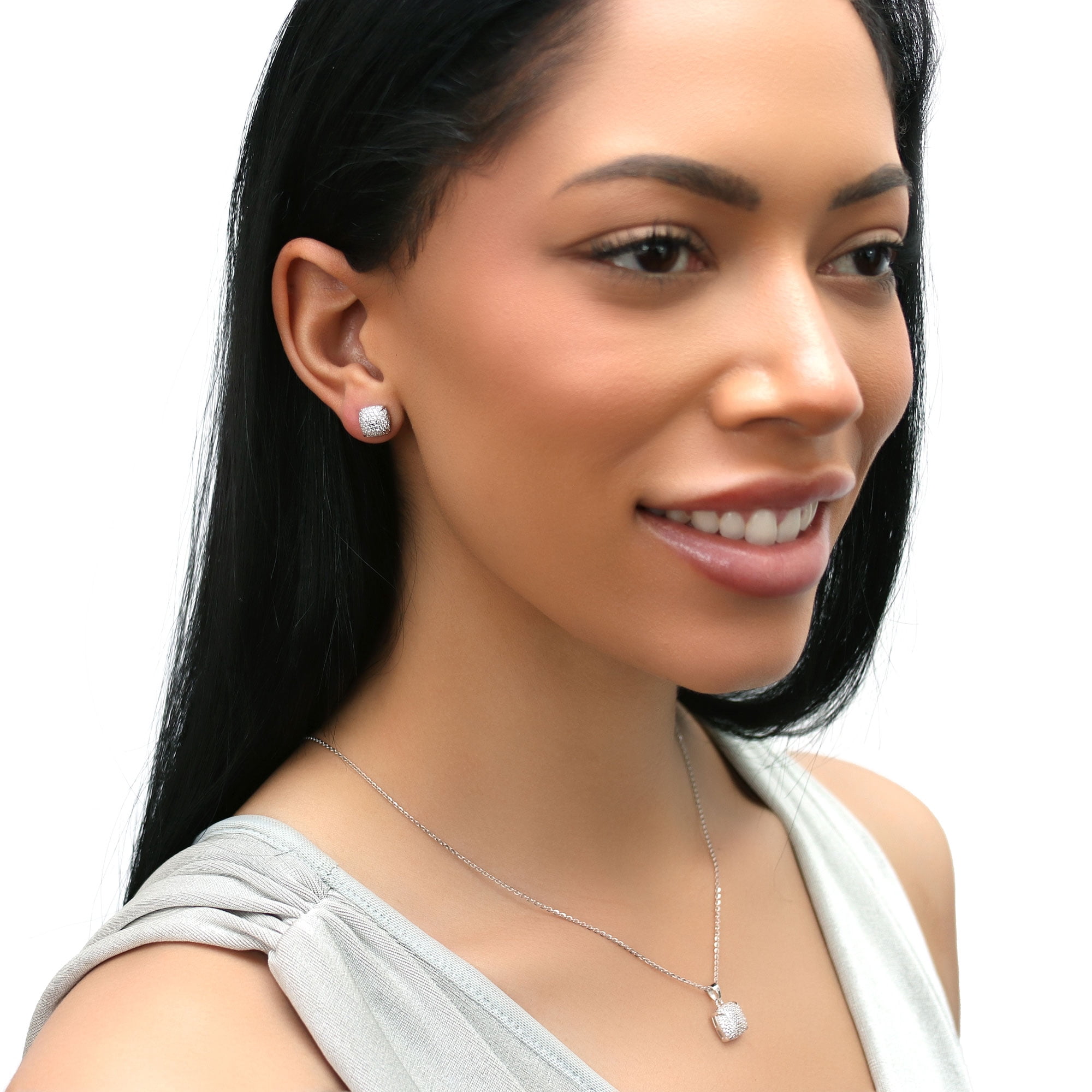 BERRICLE Sterling Silver Square Cubic Zirconia CZ Fashion Necklace and Earrings Set for Women, Rhodium Plated, Clear