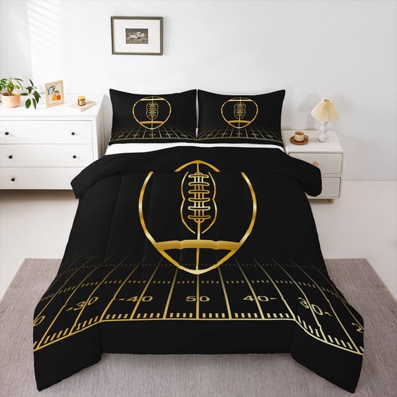 YST Football Comforter Set King Size Sport Player Bedding Set for Boys Girls Teens Kids Rugby Sports Black Golden Ball Down Comforter American Football Warm Soft Room Decor Quilt Set