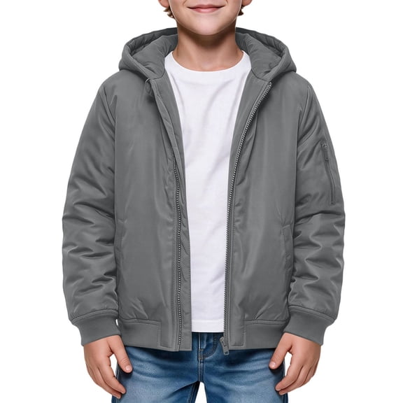 BXJX Boys Puffer Jackets 14-16, Zip up Warm Windproof Hood Outerwear with Pockets Gray