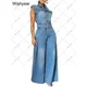 thumbnail image 3 of Mono de mezclilla vintage holgado con pierna ancha para mujer, mono de una pieza con bolsillos, sin mangas, con una botonadura, estilo callejero, 3 of 5