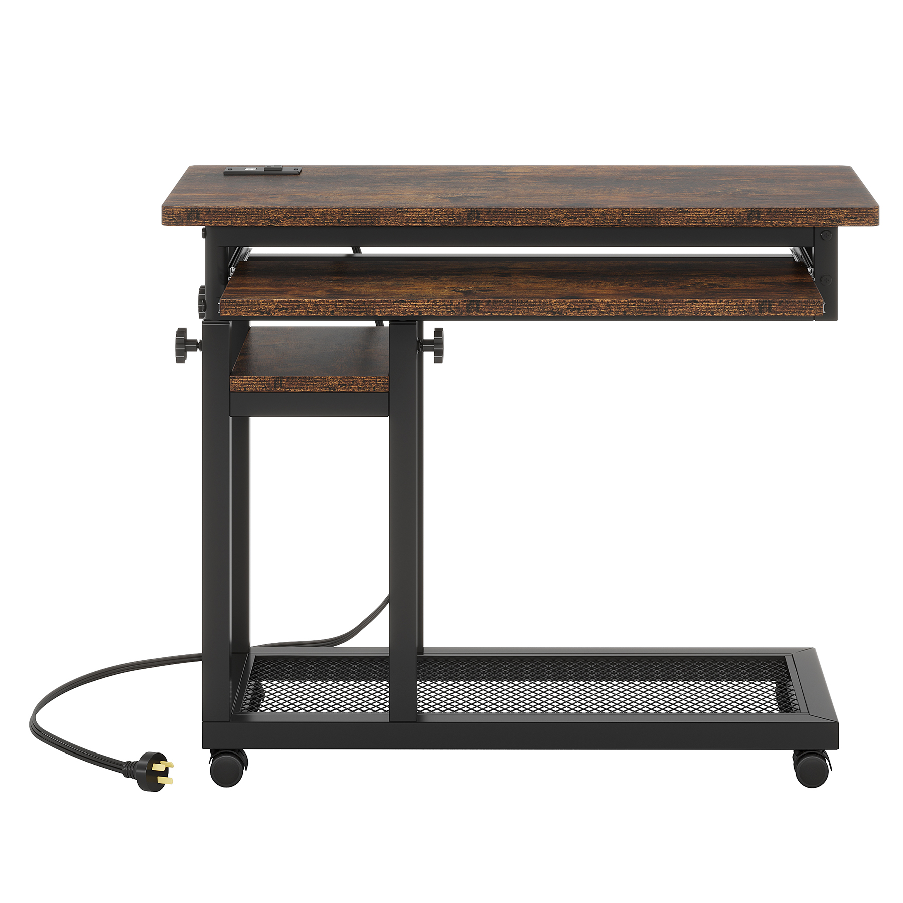 Fnova Small Portable Desk with Charging Station, Height Adjustable Mobile Desk with 4 Wheels, USB Ports & Power Outlet, Rolling Computer Cart, C Side Table for Sofa Couch Bedside, Brown
