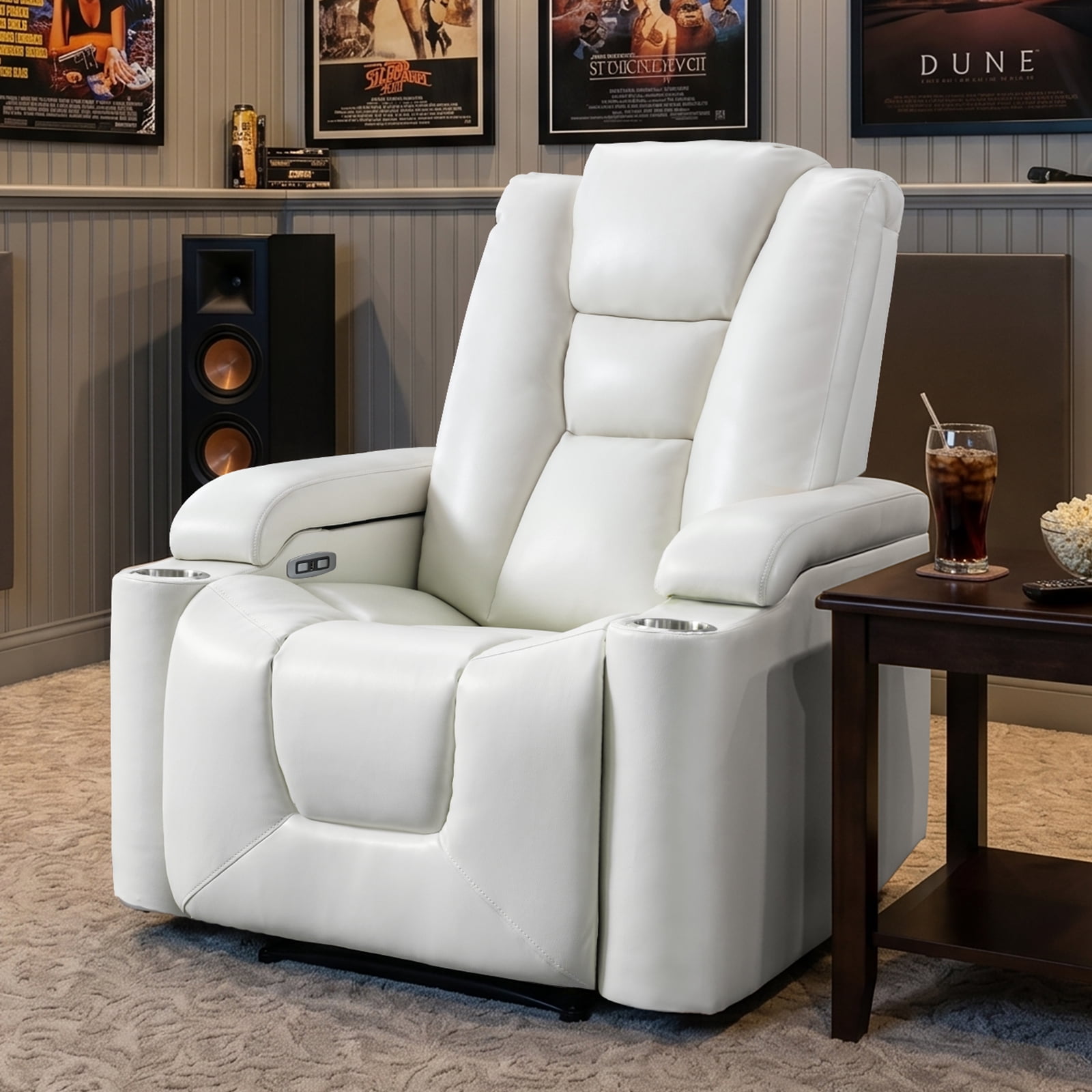 Bonzy Home Electric Power Recliner Chair, PU Leather Home Theater Seating Reclining Chairs with Cup Holders, USB Port, Adjustable Backrest & Hidden Arm Storage, White