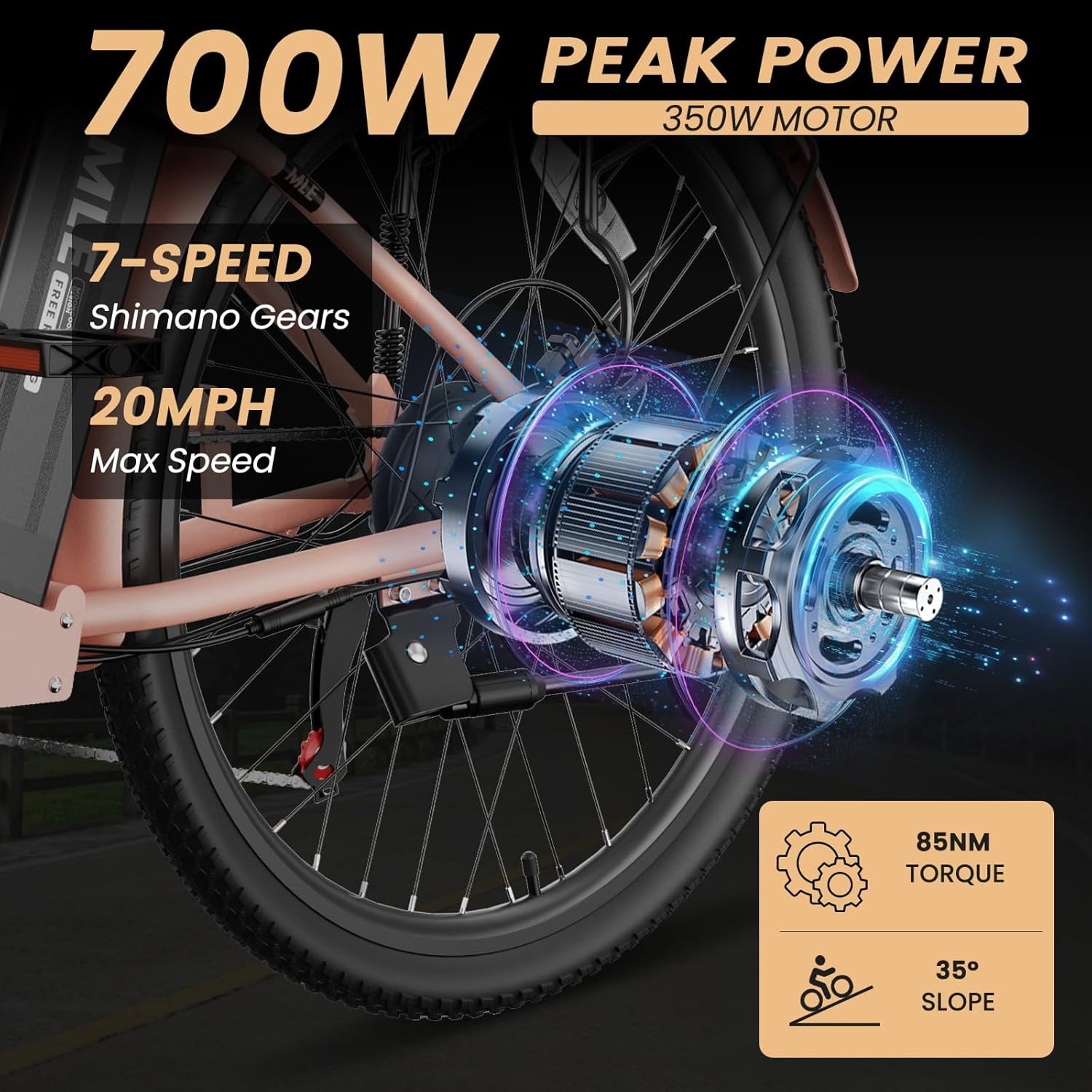 MOONCOOL Electric Bicycle for Adults 350W , 7-Speed Ebike with 36V 10.4Ah Removable Battery， 40 Miles Range , 20 mph Electric Commuter Bike for Women Men