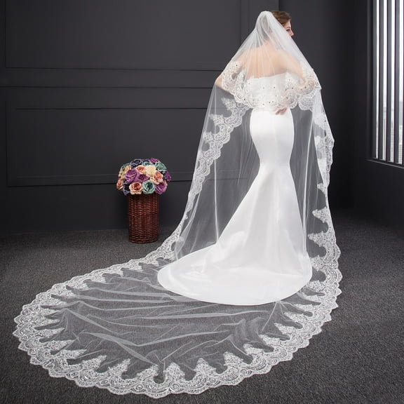 EllieWely 2 Tier Wedding Veil Chapel Length 3 M(118 inch) Lace Bridal Veil With Metal Comb L03 White
