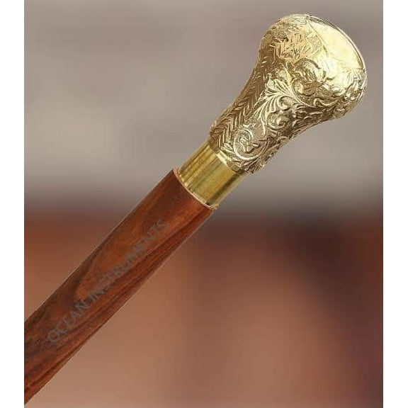 Ocean Instruments Antique Brass Walking Stick with Unique Round Handle, Adjustable Vintage Nautical Wooden Walking Stick Canes Chiristmas Gift for Unisex